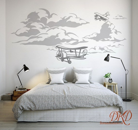 Airplane Decal Biplane Decal Cloud Decal Boys Nursery Wall Etsy