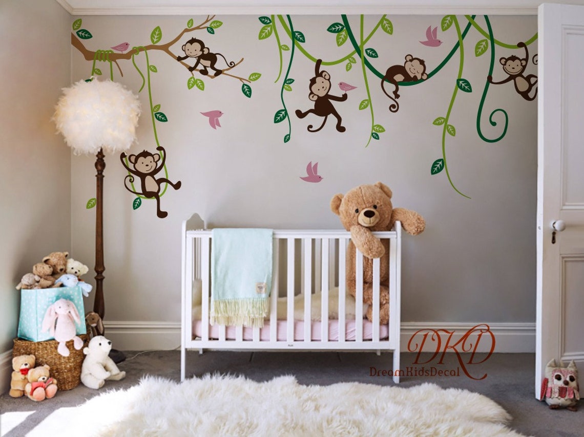 Jungle Decals Jungle Monkey Wall Decals Swinging Monkey Etsy