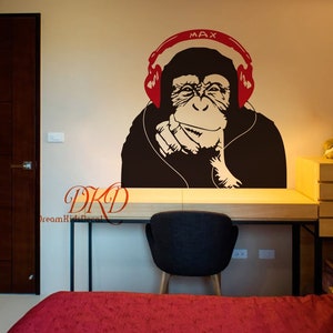 Banksy Style Wall Decal Monkey with Headphones, Chimp Head Listening to Music Earphones DJ Vinyl Decal Sticker, Street Art Sticker-DK329