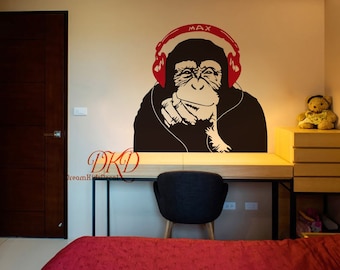 Banksy Style Wall Decal Monkey with Headphones, Chimp Head Listening to Music Earphones DJ Vinyl Decal Sticker, Street Art Sticker-DK329