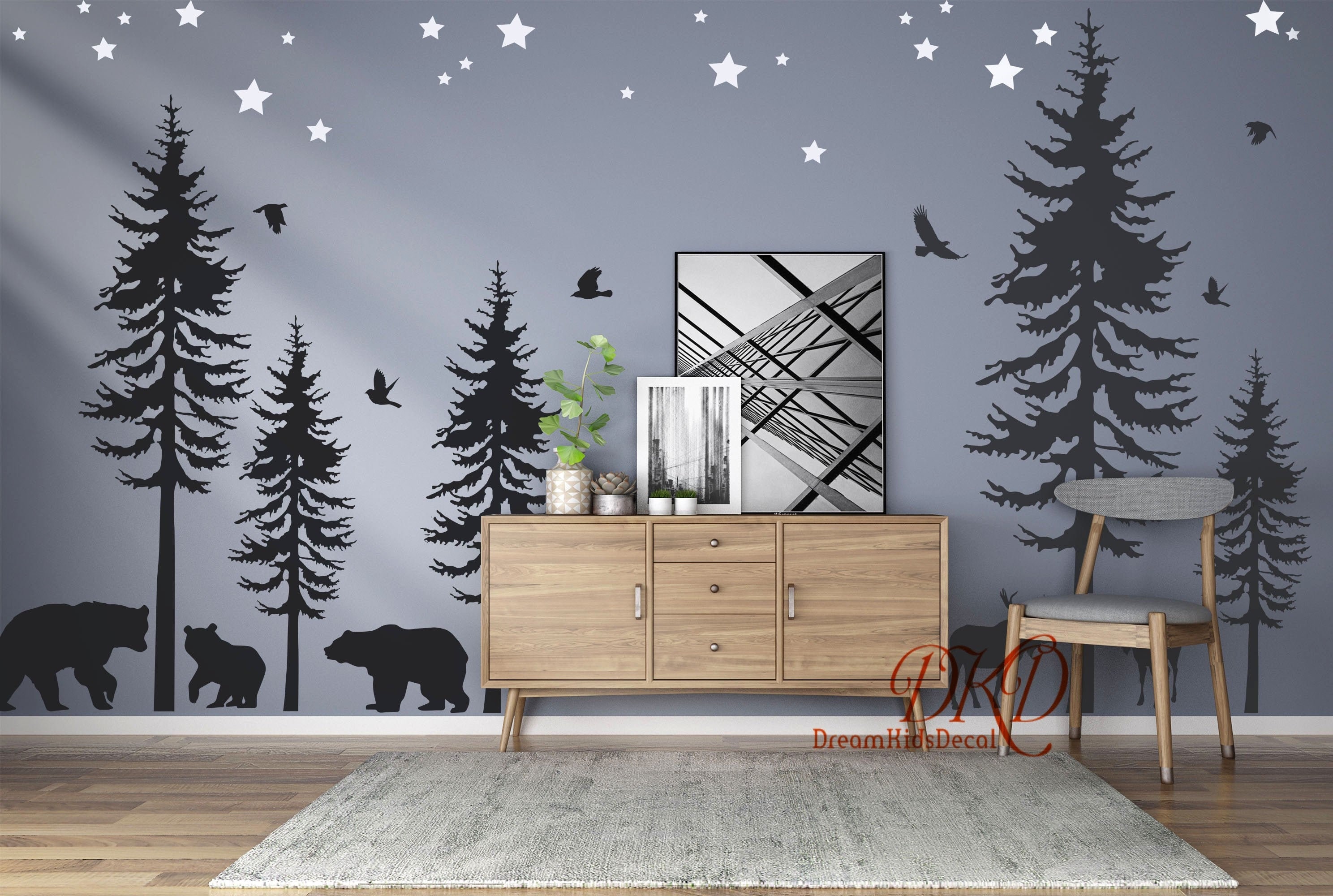 Wall Decal, Kids room Wall Decal Nursery Sticker, Pine tree, Stars, Nature, Woodland, Bucks, Moose, Bear, Fir forest with birds-83" x 122"