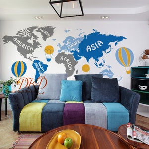 Wallpaper, Wall Murals-World Map for Kids room, Hot air balloons sticker
