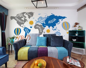Mural Vinilo Decorativo Animales mapa del mundo aire caliente globos pegatina de vinilo