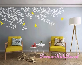 Nursery Wall Decal, Birds Decal, Tree Wall Decal, Kids Decals Children Wall Decal, White Tree Branch Wall Decals, Living room Decor-DK191