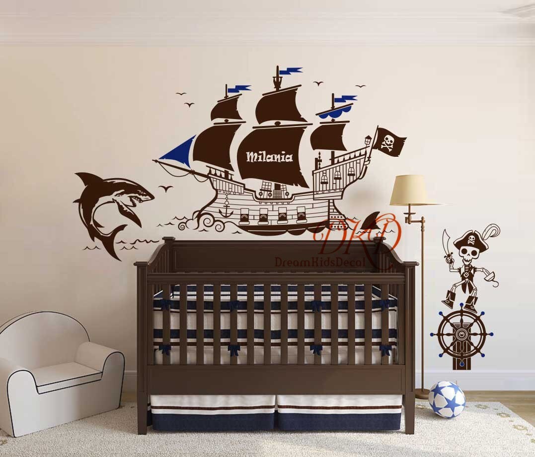 Boy's bedroom Personalised name Boat wall art decal sticker. Pirate Ship 
