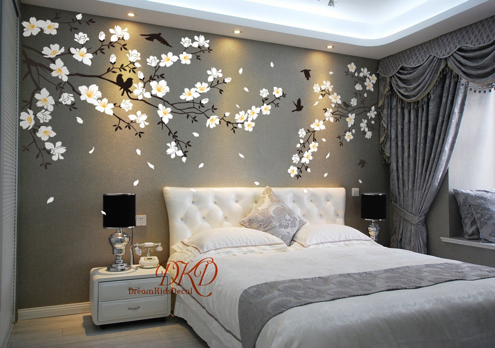 Japanese Cherry Blossom Tree & Birds Wall Decal Sticker - Removable Nursery Decor, 60x90 Inches, Red & Pink
