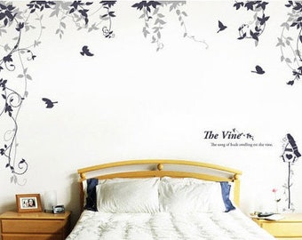 Nursery wall decal wall sticker, Hanging Vines Wall Decal, Vine with birdcage, Birds-DK331
