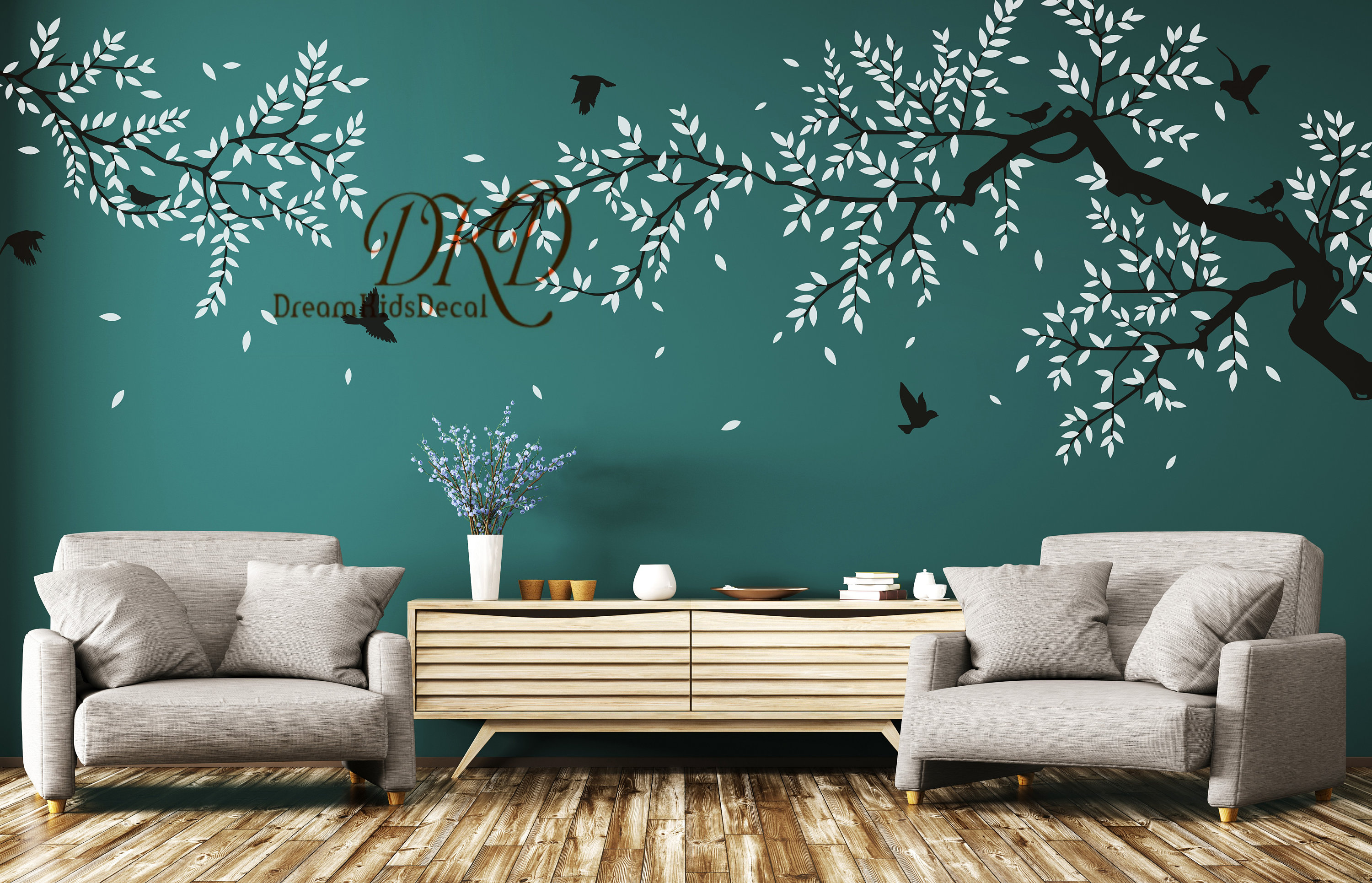 Baum Kinderzimmer mit Wandtattoo Zweig Vögel Blume