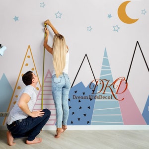 Mountain Wall Decal Nursery Wall Sticker, Clouds, Stars, Moon-Mountains Landscape, Triangle pattern Sticker, Kids room Wall Decor