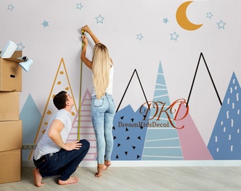 Mountain Wall Decal-Mountains Landscape, Sticker, Nursery, Stars, Moon, Clouds Wall Sticker