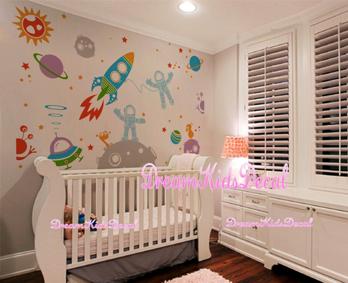 Outer Space Wall Decals Aliens Wall Decal Rocket Ship Wall Etsy