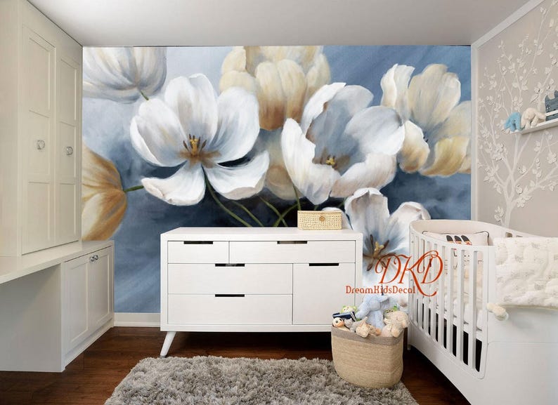 Large Flower Wall Murals Wallpaper White Flower on Blue Etsy