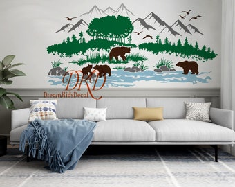 Wall sticker Mountains landscape Nursery Wall Decor Kids Room Sticker Tree Wall Decal, Mountain forest, Bears, Birds Wall Art-DK358