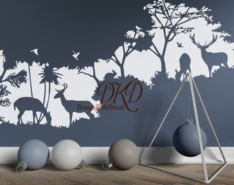 Woodland Forest Nursery Wall Decal Kids room wall sticker, Deer family rest in the trees,  Birds Silhouettes decal for camping bus or van