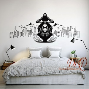 City Skyline Motorcycle Adventure Decal Nursery Bedroom Decor City Landscape Mountain, Biker riding sport Wall Decal Motorcycle Wall Sticker