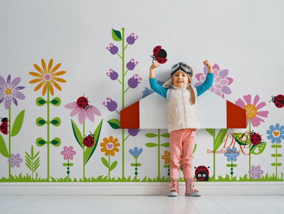 Flower Wall Decal Flower Nursery Wall Sticker Ladybug Decal, Blooming ...