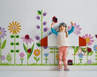 Flower wall decal Flower nursery wall sticker Ladybug decal, Blooming Decal Wall art for baby girls, Playroom bedroom decor-DK398