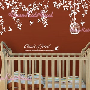 Nursery wall decal baby girl and name wall decals flowers wall sticker wedding office-White vines birdcage and birds-DK055 image 1
