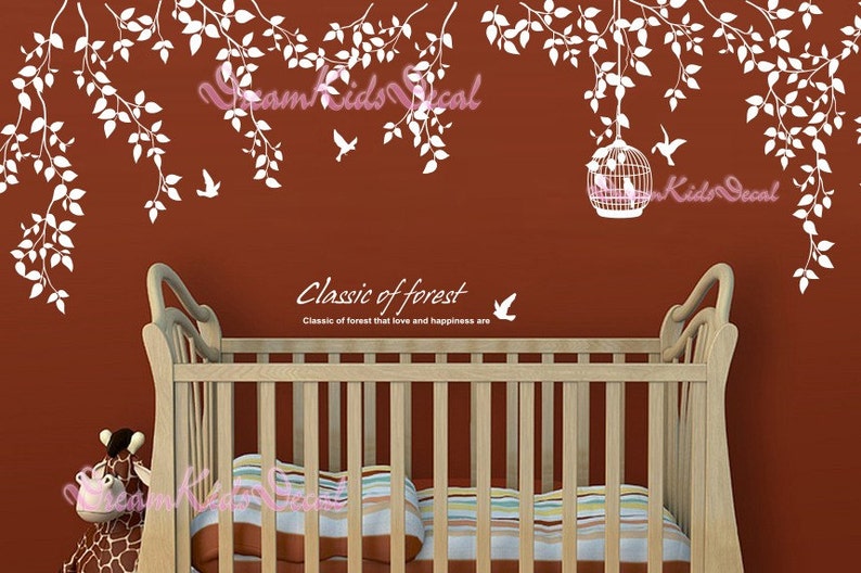 Nursery wall decal baby girl and name wall decals flowers wall sticker wedding office-White vines birdcage and birds-DK055 image 1
