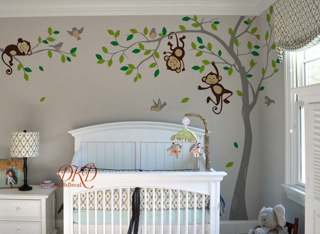 Boy Jungle Monkey Wall Decal, Monkeys, Birds and Name Decal for Nursery