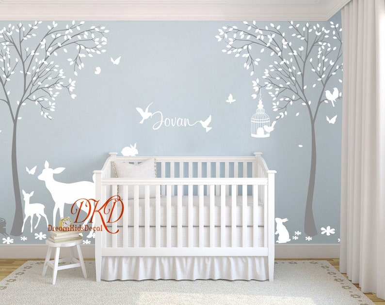 Trees Wall Decal Nursery Deer Baby Name Decal afbeelding 1