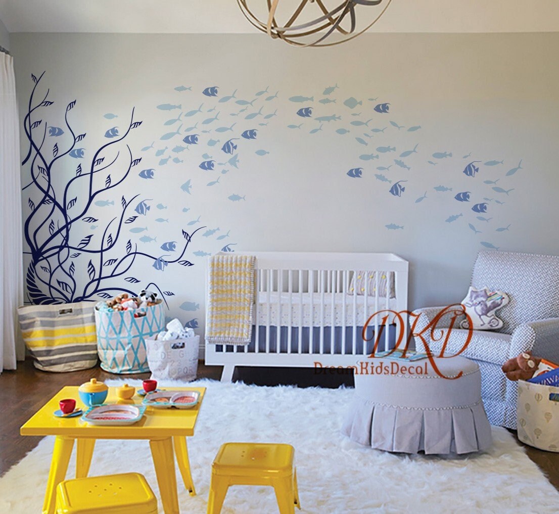 School Fish Wall Decal for Nursery Kids Room Bathroom Decor, Rainbow fish wall stickers, Tropical fish, Nautical Wall Decal, Under The Sea