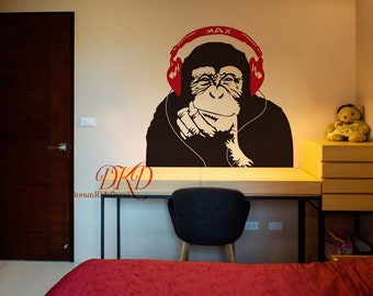 Banksy Style Music Monkey Wall Art, Chimp with headphone Listening to Music, DJ Vinyl Decal Sticker, Graffiti style-DK329