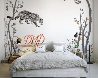 Jungle Wall Wall Decal Tree with Leopard,  Cheetah Nursery Wall Decal, Wild animals Vinyl Sticker Home Decor for modern interior design