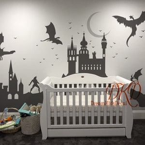 Fantasy Wall Castle Decal, Moon, Castle And Flying Dragon Landscape Wall Decals for Kids, Nursery Decor Kids Room-DK458