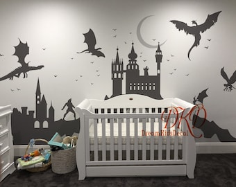 Fantasy Wall Castle Decal, Moon, Castle And Flying Dragon Landscape Wall Decals for Kids, Nursery Decor Kids Room-DK458