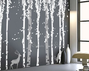 tree decal wall decals, nature wall decals, vinyl wall decal, nature wall decal, birch tree with deer, nursery wall stickers-DK120