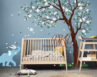 Large Tree Wall Decal Baby Nursery Wall Decal, Falling Leaves Elephant with Flowers Blossoms Tree Decal for Girls Nursery Decor