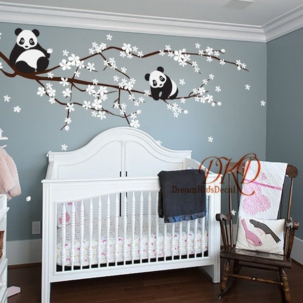 Panda Tree Wall Decal Wall Sticker Kids Nursery Baby Room Decor, Cherry blossoms Tree Wall art-DK406