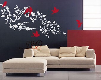 wall decal branch with flying birds vinyl baby wall decal nursery tree decal branch decal offfice wall decal-DK035