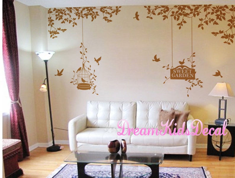 Wall Decals Nursery Wall Sticker Home Wall Decor-Side Corner branch with birdcage Tree with birds