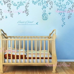 Nursery wall decal baby girl and name wall decals flowers wall sticker wedding office-White vines birdcage and birds-DK055 image 2