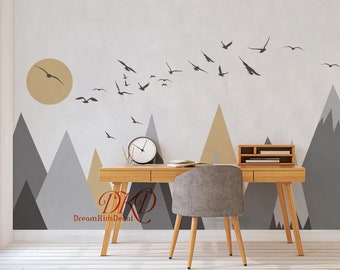 Mountains Decals for Kids Room, Mountain Sticker for Nursery, Mountain Mural, Mountain Wall Decal, Mountain Decal set with Sun, birds-DK326
