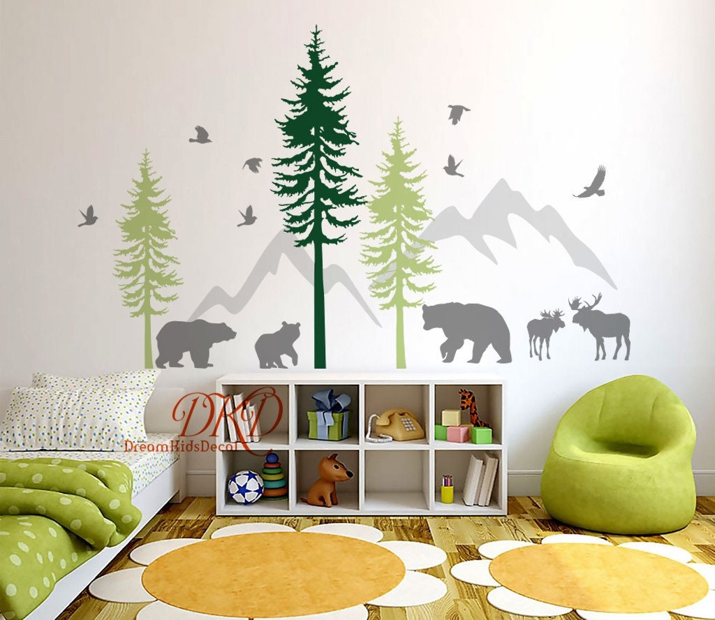 Wall Decal Wall Sticker-Mountain landscape, pine tree, Bears Wall art for  Nursery -  France