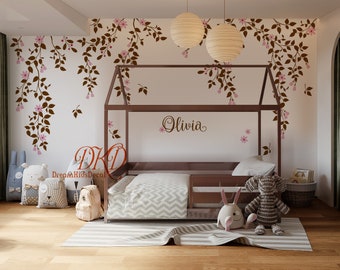 Nursery Wall Decal, Tree branch with flowers and Name, Hanging vines wall decal sticker wedding office, Nature Wall Decal over Kids crib