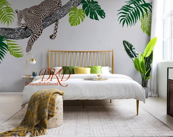 Jungle Animal Wall Decals, Leopard, Tropical Leaves, Nursery Decor