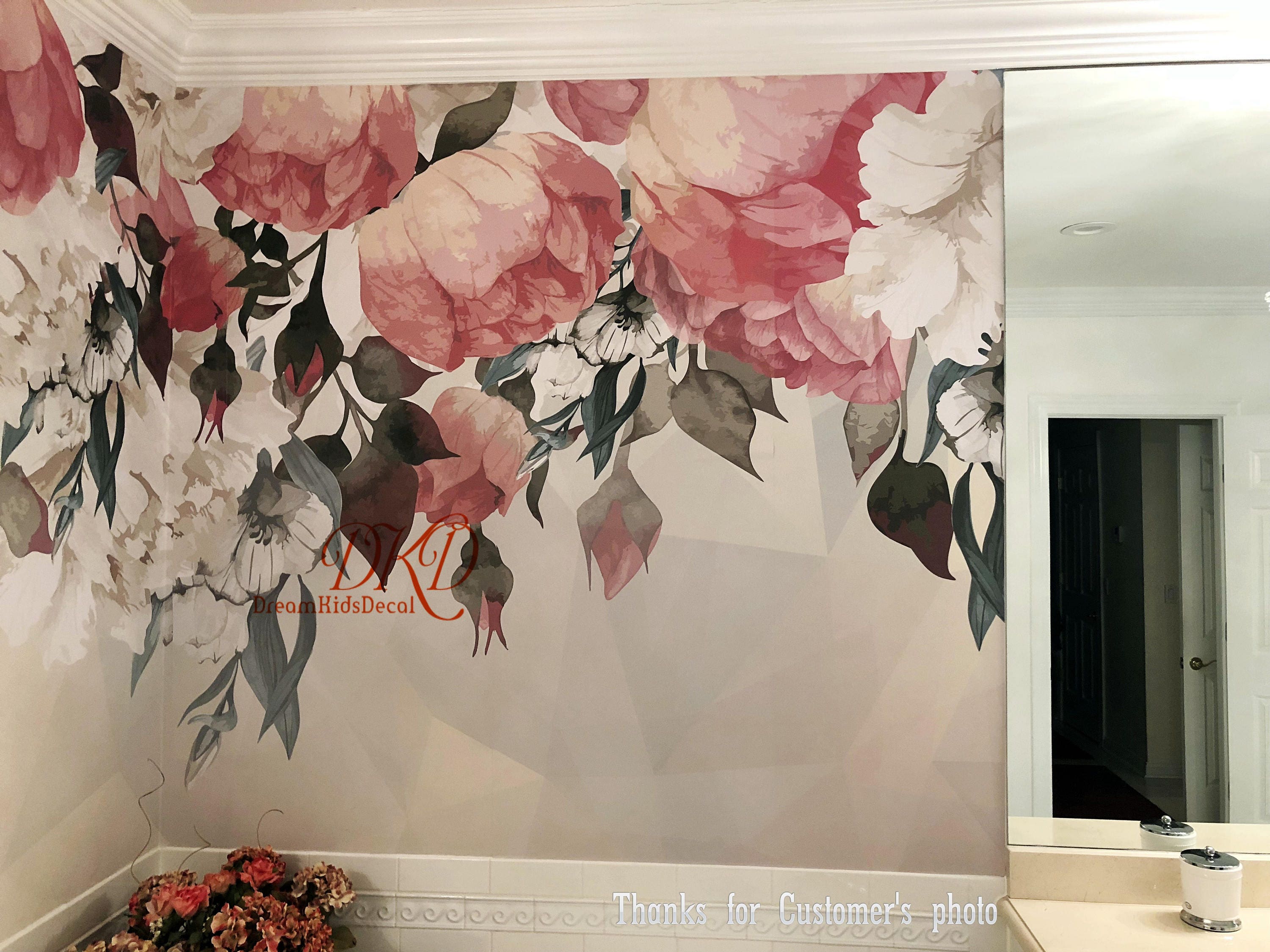 Vintage floral wallpaper watercolor wall art red flower on geometric background vintage wallpaper watercolor mural floral wall decal