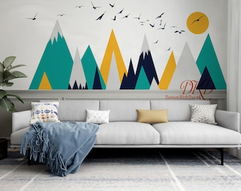 Muursticker bergkwekerij, vogels, zon, kinderkamerdecoratie