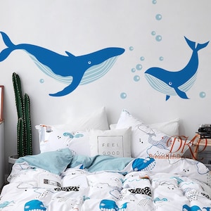 Wall decal two-colored whales, Whale Decal under water, Ocean theme Nursery, Whale Vinyl Sticker Decor for children&#39;s room baby room-DK425