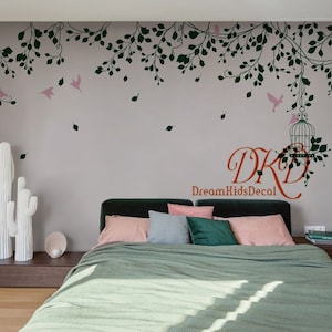 Vine wall decal Hanging branch with birds birdcage wall art, Nature Nursery Wall Decal Living room Wall Decor