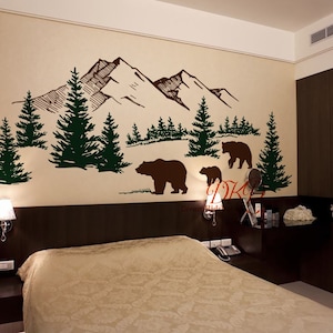 Wall Decal Wall Sticker-Mountain landscape with Bear family, Pine tree wall art for Nursery image 5
