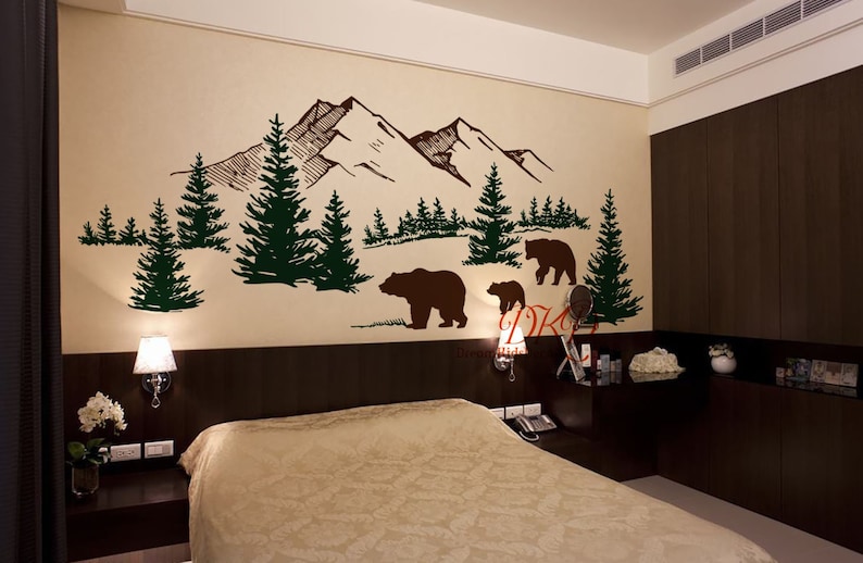 Wall Decal Wall Sticker-Mountain landscape with Bear family, Pine tree wall art for Nursery image 5