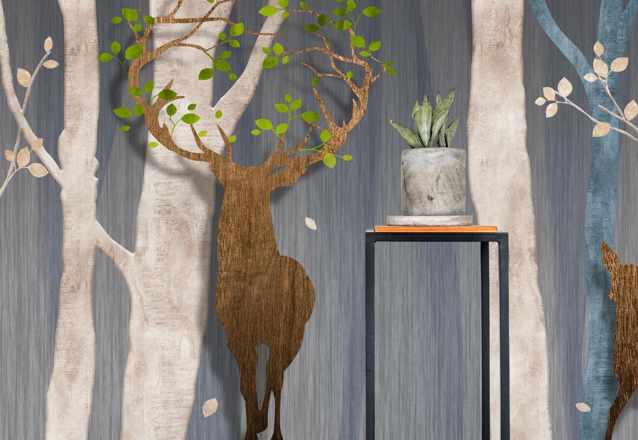 Woodland Forest Scene Wall Mural Deer Trees Wallpaper Wooden Etsy