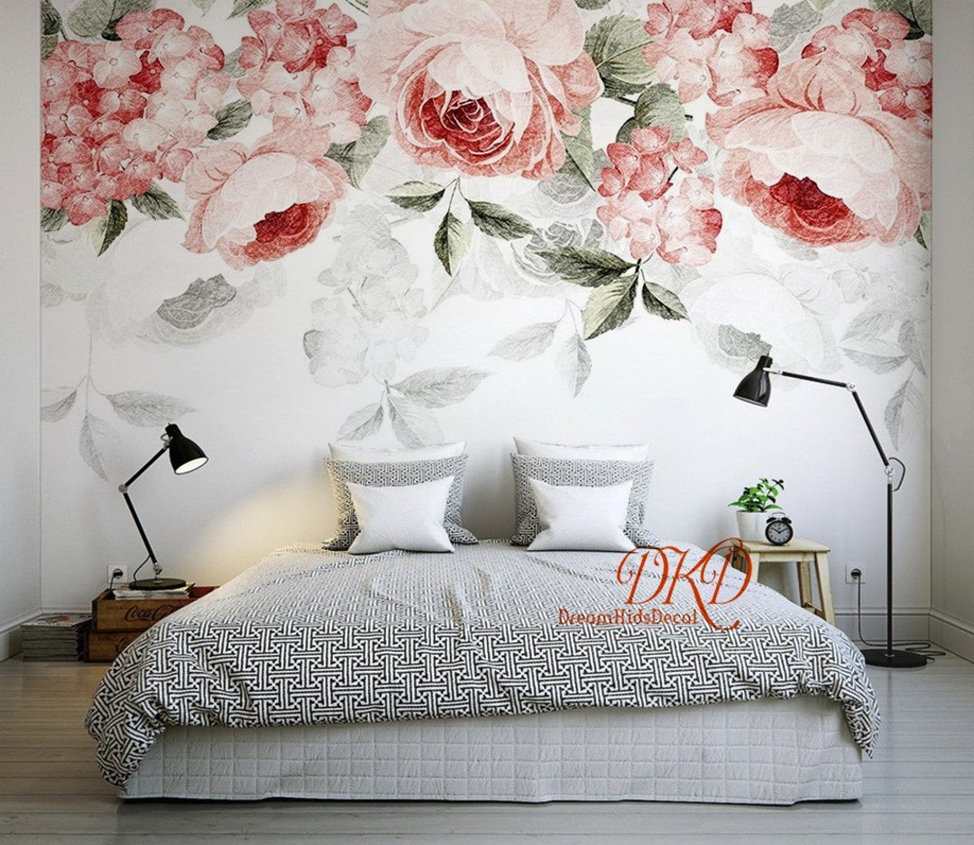 Watercolor Wall Mural Floral Mural Watercolor Rose Flower Etsy