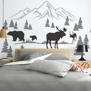 Nursery Wall Decals Pine Tree Wall Decals With Bear Moose Wall Decal Stickers Mountains Wall Decal, Forest Landscape Nursery Decor-DK377