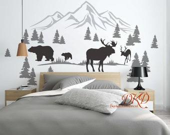 Nursery Wall Decals Pine Tree Wall Decals With Bear Moose Wall Decal Stickers Mountains Wall Decal, Forest Landscape Nursery Decor-DK377